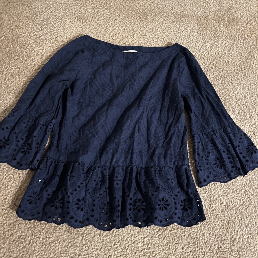 LOFT navy blue top with lace type details